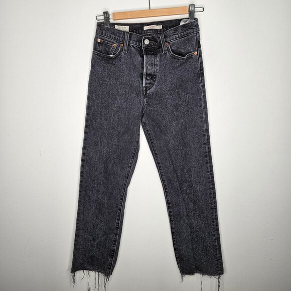 Levi’s Premium Wedgie Straight Jeans Sz 26 Grey Button Fly Raw Hem - Picture 4 of 9